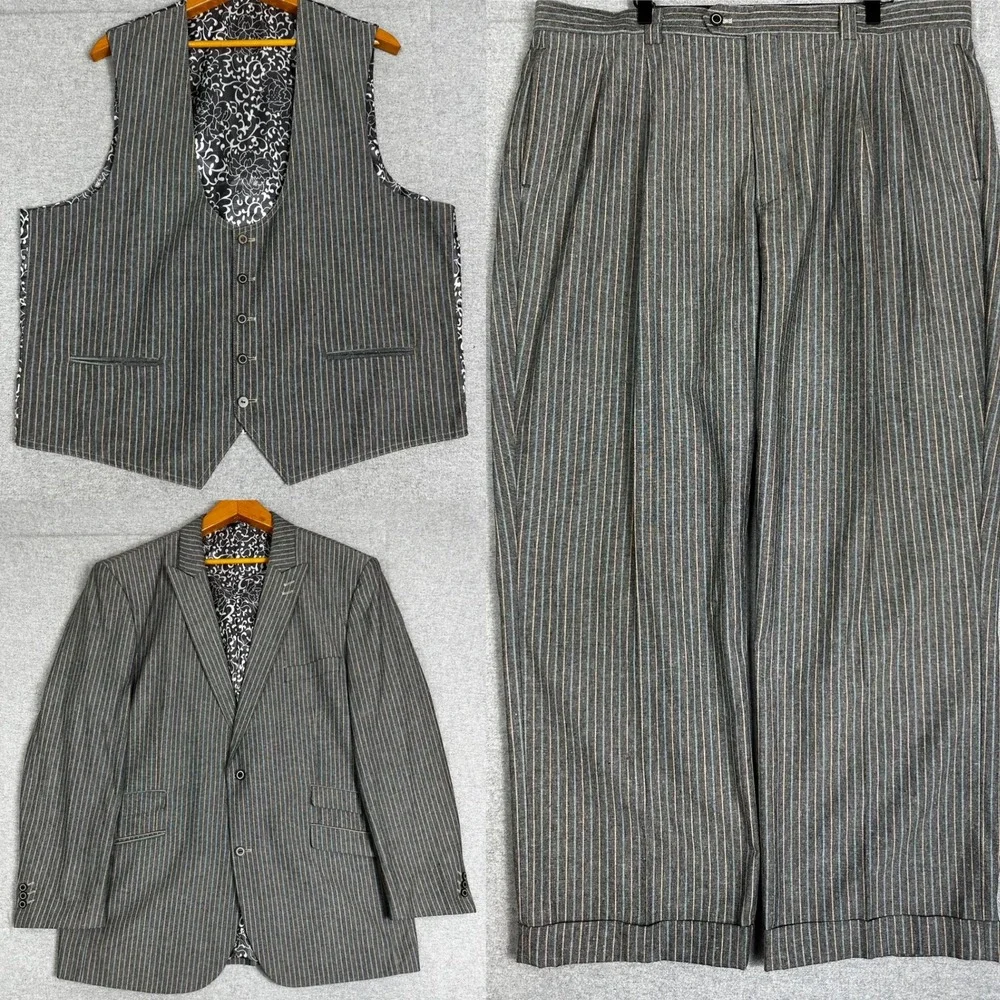 EJ Samuel 3 Piece Suit Mens 52L 40x31 Grey Pinstripe Blazer Vest Pants Set